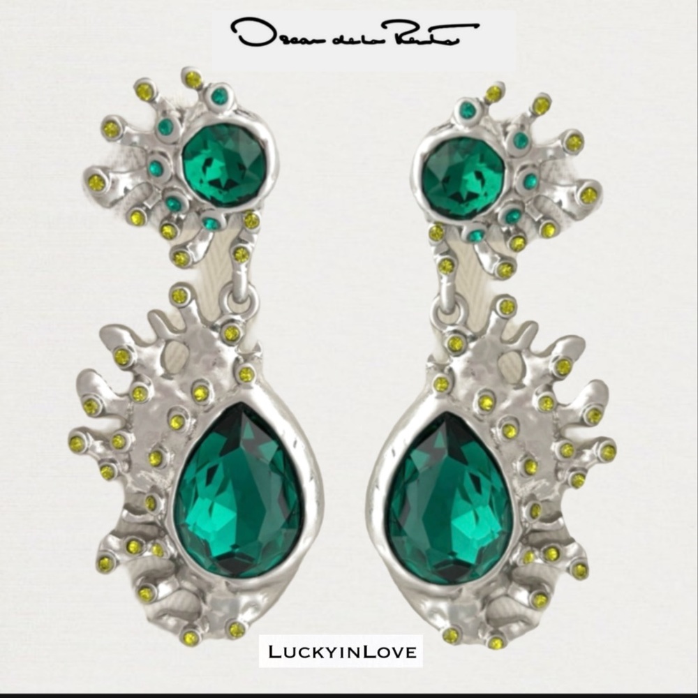 Oscar de la Renta • Silver Emerald Green Crystal Cactus
Drop Post Earrings